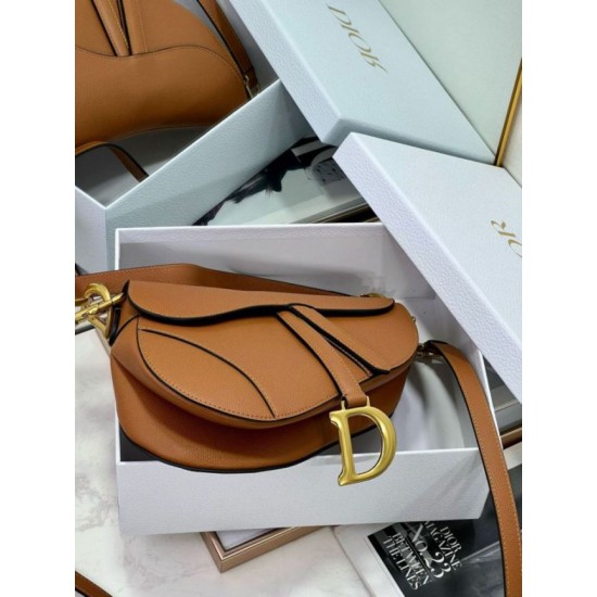 Replica Dior Saddle Bag with Strap in Brown Grained Calfskin
