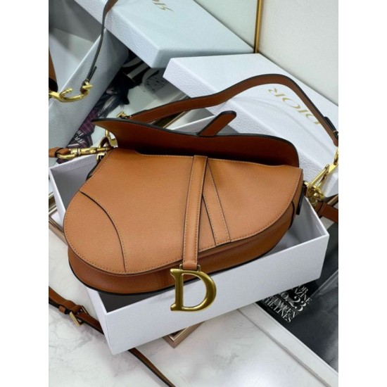 Replica Dior Saddle Bag with Strap in Brown Grained Calfskin