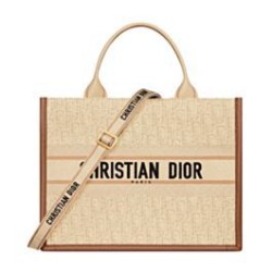 Replica Dior Small/Medium Book Tote Bag with Strap Oblique Embroidered Raffia Beige