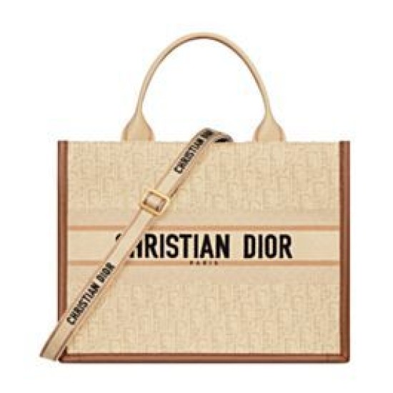 Replica Dior Small/Medium Book Tote Bag with Strap Oblique Embroidered Raffia Beige