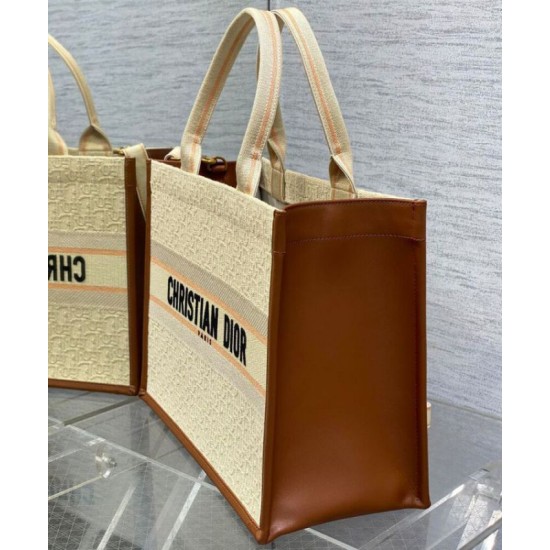Replica Dior Small/Medium Book Tote Bag with Strap Oblique Embroidered Raffia Beige