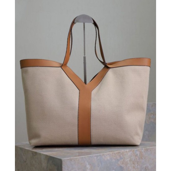 Fake YSL Saint Laurent Y Leather And Canvas Tote Bag Coffee Replica