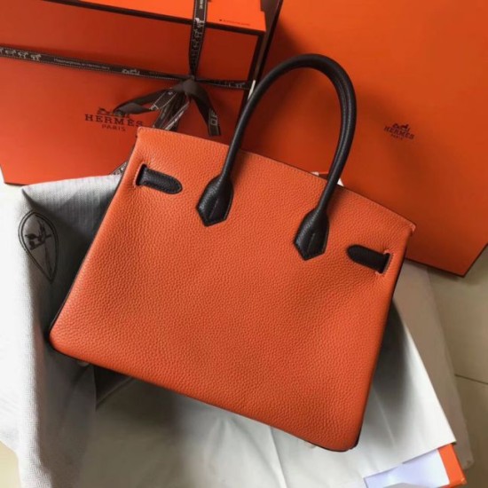 Replica Hermes Tri-Color Birkin 30cm Bag In Orange/White/Black Clemence Leather