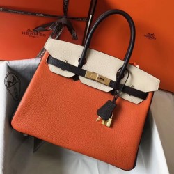 Replica Hermes Tri-Color Birkin 30cm Bag In Orange/White/Black Clemence Leather