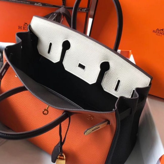 Replica Hermes Tri-Color Birkin 30cm Bag In Orange/White/Black Clemence Leather