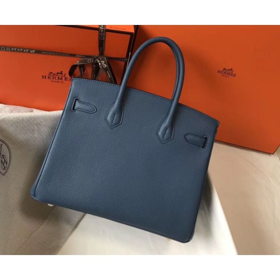 Replica Hermes Birkin 30cm Bag In Blue Agate Clemence Leather