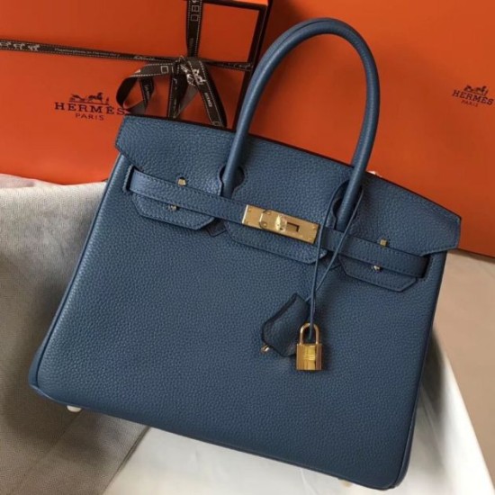 Replica Hermes Birkin 30cm Bag In Blue Agate Clemence Leather