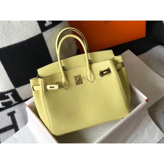 Fake Hermes Birkin 30cm Bag In Jaune Poussin Clemence Leather GHW Replica
