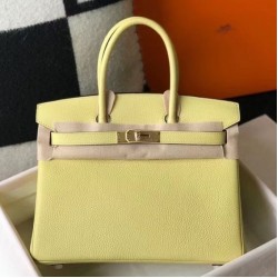 Fake Hermes Birkin 30cm Bag In Jaune Poussin Clemence Leather GHW Replica