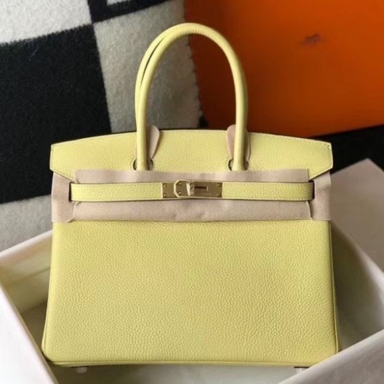 Fake Hermes Birkin 30cm Bag In Jaune Poussin Clemence Leather GHW Replica