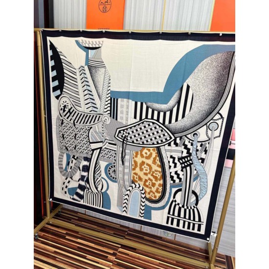 Special Grade Replica Hermes ondsdemarch cashmere silk handkerchief 140 Black Clone Sale