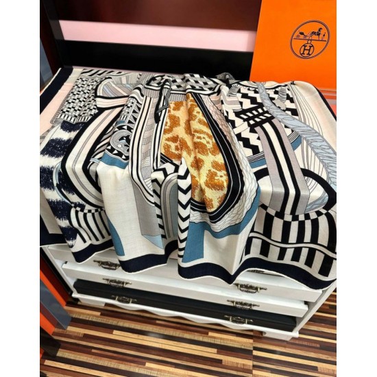 Special Grade Replica Hermes ondsdemarch cashmere silk handkerchief 140 Black Clone Sale