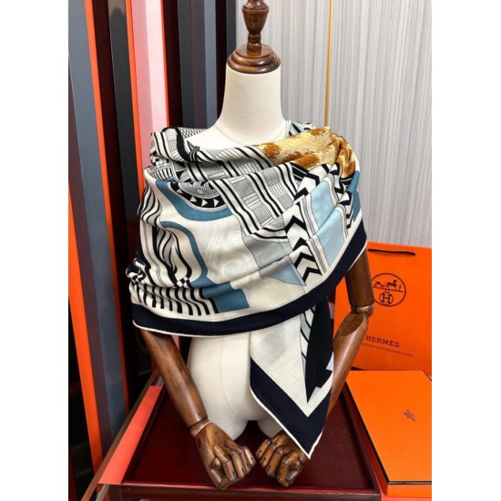 Special Grade Replica Hermes ondsdemarch cashmere silk handkerchief 140 Black Clone Sale