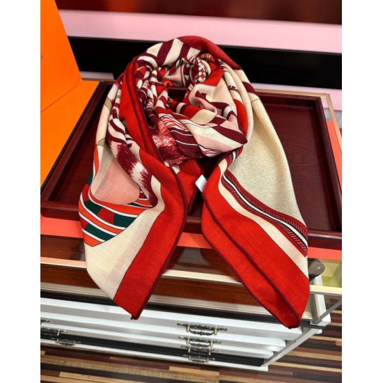 Special Grade Replica Hermes ondsdemarch cashmere silk handkerchief 140 Red Clone Sale