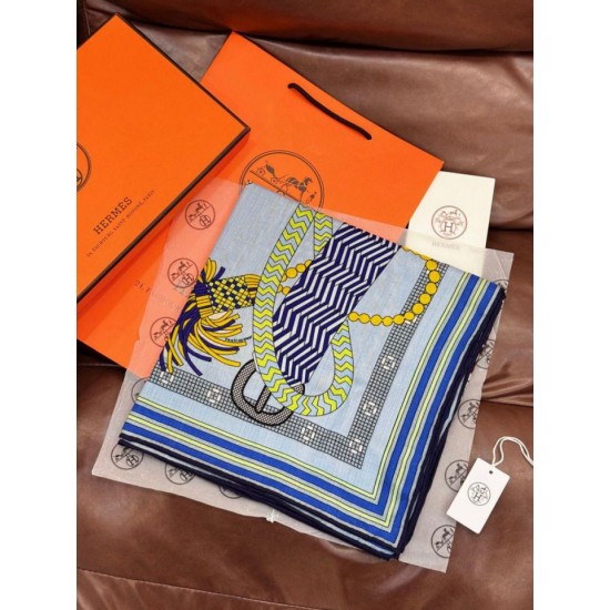 Special Grade Replica Hermes Woven Saddleband Velvet Square Scarf with Hand-rolled 140 Blue Clone Sale