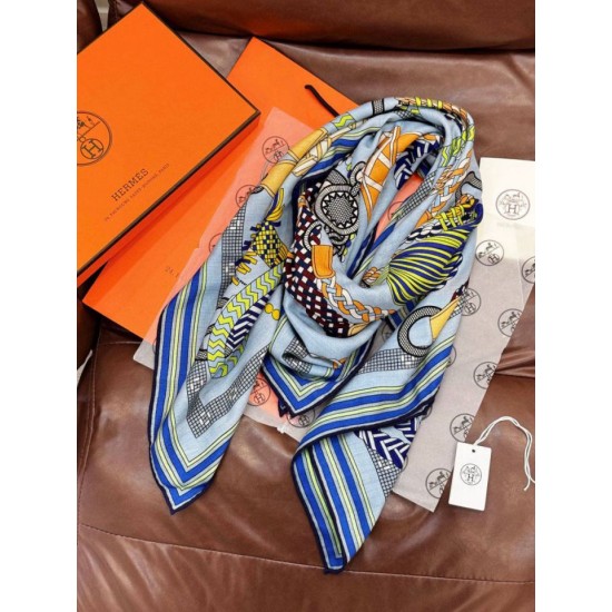 Special Grade Replica Hermes Woven Saddleband Velvet Square Scarf with Hand-rolled 140 Blue Clone Sale