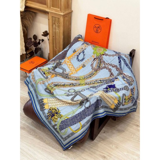 Special Grade Replica Hermes Woven Saddleband Velvet Square Scarf with Hand-rolled 140 Blue Clone Sale