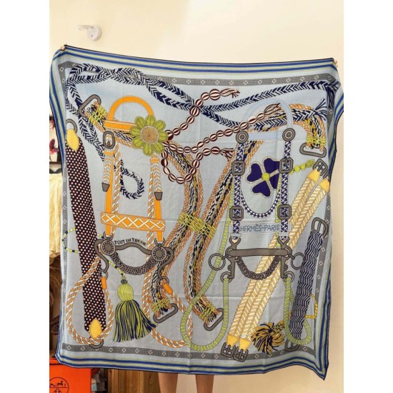 Special Grade Replica Hermes Woven Saddleband Velvet Square Scarf with Hand-rolled 140 Blue Clone Sale