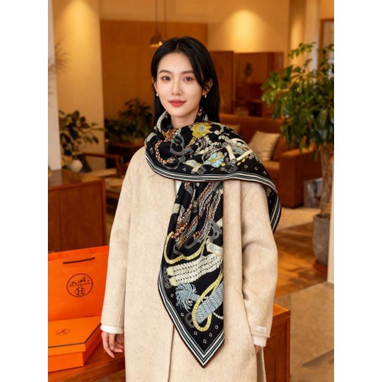 Special Grade Replica Hermes Woven Saddleband Velvet Square Scarf with Hand-rolled 140 Black Clone Sale