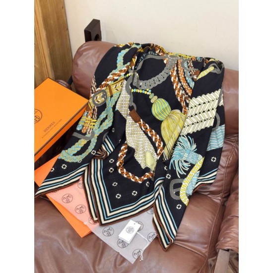 Special Grade Replica Hermes Woven Saddleband Velvet Square Scarf with Hand-rolled 140 Black Clone Sale