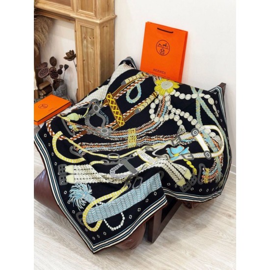 Special Grade Replica Hermes Woven Saddleband Velvet Square Scarf with Hand-rolled 140 Black Clone Sale