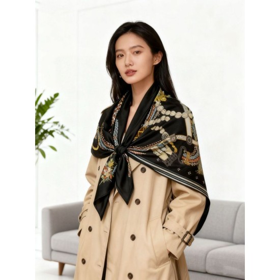 Special Grade Replica Hermes Woven Saddleband Velvet Square Scarf with Hand-rolled 140 Black Clone Sale