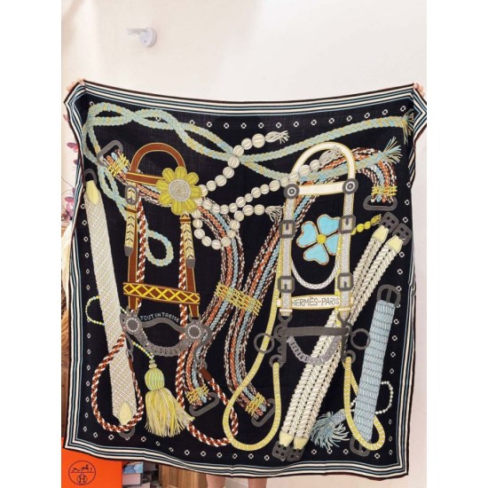 Special Grade Replica Hermes Woven Saddleband Velvet Square Scarf with Hand-rolled 140 Black Clone Sale