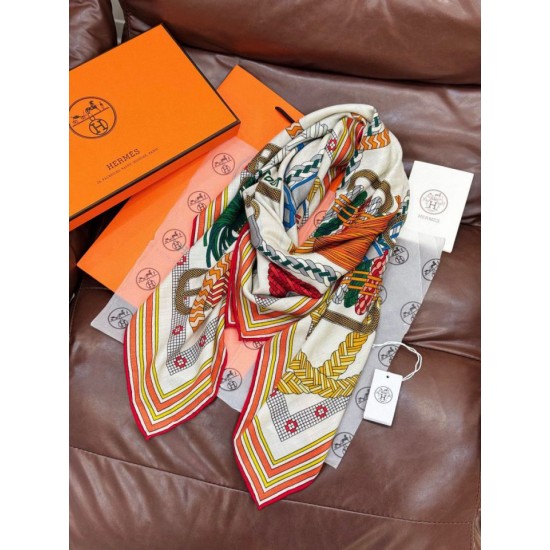 Special Grade Replica Hermes Woven Saddleband Velvet Square Scarf with Hand-rolled 140 Orange Clone Sale