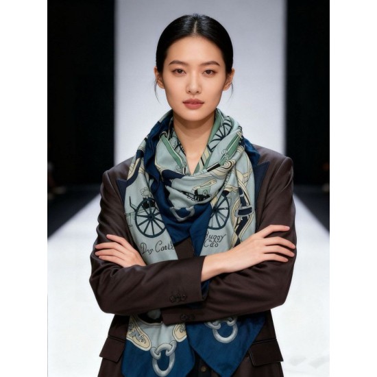 Special Grade Replica Hermès Rare Treasures Reversible Cashmere Handkerchief 140 Blue Clone Sale