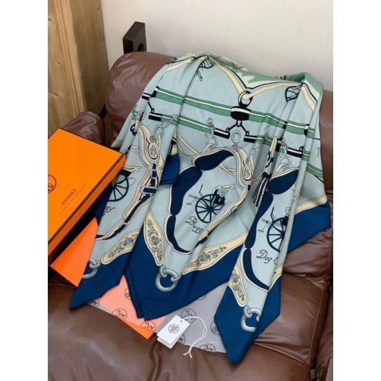 Special Grade Replica Hermès Rare Treasures Reversible Cashmere Handkerchief 140 Blue Clone Sale