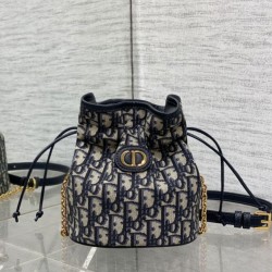 Special Grade Replica Dior 30 Montaigne Mini Dior Oblique Jacquard Drawstring Bucket Bag, Blue Clone Sale
