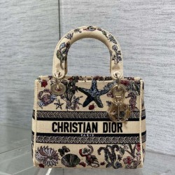 Special Grade Replica Dior Medium Lady D-Lite Canvas Cabinet De Curiosites Bag, Embroidered, Beige Clone Sale