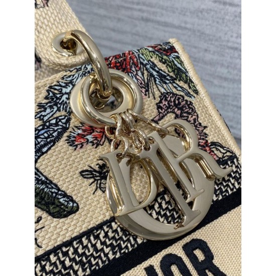 Special Grade Replica Dior Medium Lady D-Lite Canvas Cabinet De Curiosites Bag, Embroidered, Beige Clone Sale
