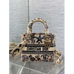 Special Grade Replica Dior Medium Lady D-Lite Canvas Cabinet De Curiosites Bag, Embroidered, Beige Clone Sale