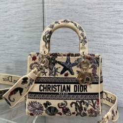 Special Grade Replica Dior Medium Lady D-Lite Canvas Cabinet De Curiosites Bag, Embroidered, Beige Clone Sale