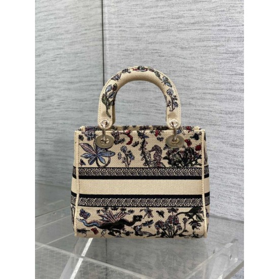 Special Grade Replica Dior Medium Lady D-Lite Canvas Cabinet De Curiosites Bag, Embroidered, Beige Clone Sale