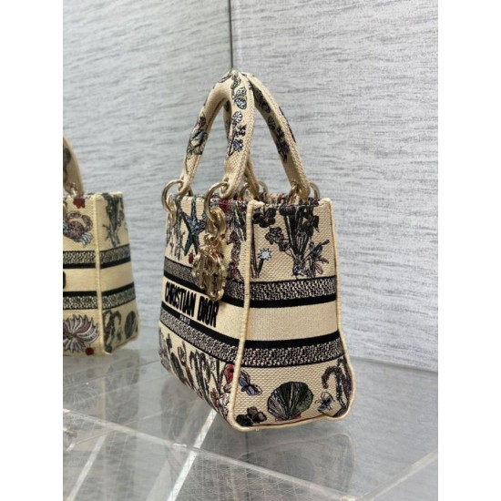 Special Grade Replica Dior Medium Lady D-Lite Canvas Cabinet De Curiosites Bag, Embroidered, Beige Clone Sale