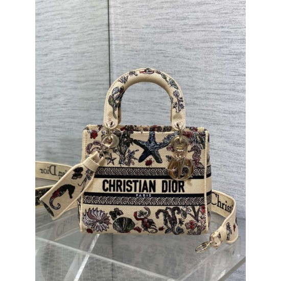 Special Grade Replica Dior Medium Lady D-Lite Canvas Cabinet De Curiosites Bag, Embroidered, Beige Clone Sale