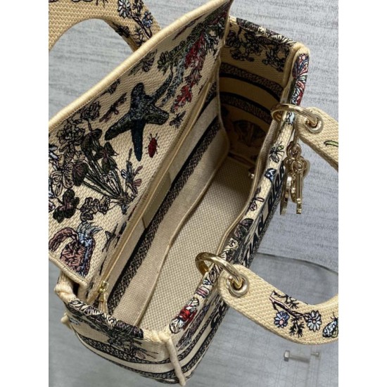Special Grade Replica Dior Medium Lady D-Lite Canvas Cabinet De Curiosites Bag, Embroidered, Beige Clone Sale