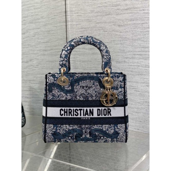 Best Replica Dior Medium Lady D-Lite Bag with Toile de Jouy Embroidery, Blue/White Fake At Cheap Price Special Grade Replica Dior Medium Lady D-Lite Bag with Toile de Jouy Embroidery, Blue/White Clone Sale