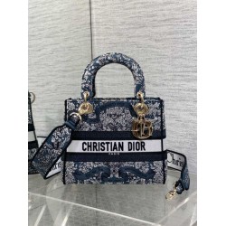 Special Grade Replica Dior Medium Lady D-Lite Bag with Toile de Jouy Embroidery, Blue/White Clone Sale
