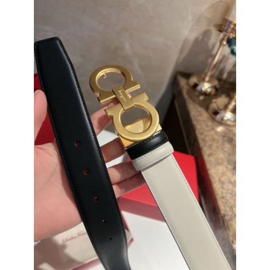 Special Grade Replica Salvatore Ferragamo Men's 3.5cm Reversible Belt with Gold Metal Clip (Black/White) Clone Sale