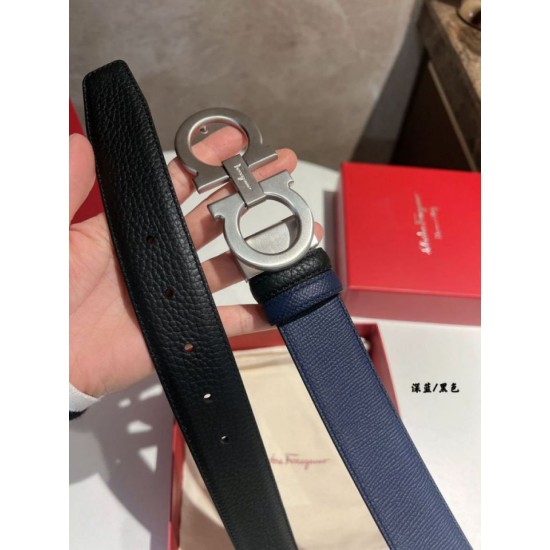Best Replica Salvatore Ferragamo Men's 3.5cm Reversible Belt with Silver Metal Clip Black/Blue Fake At Cheap Price Special Grade Replica Salvatore Ferragamo Men's 3.5cm Reversible Belt with Silver Metal Clip Black/Blue Clone Sale