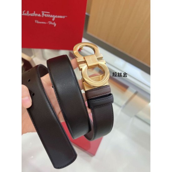 Special Grade Replica Salvatore Ferragamo Men's Reversible Belt with Double-Ring Horseshoe Buckle in Gold Clone Sale