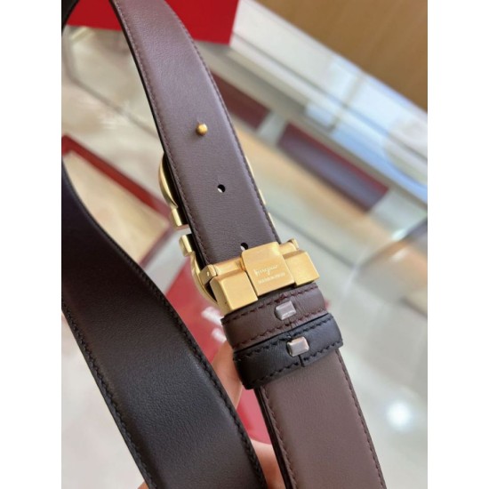 Special Grade Replica Salvatore Ferragamo Men's Reversible Belt with Double-Ring Horseshoe Buckle in Gold Clone Sale