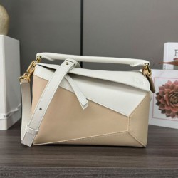 Special Grade Replica Loewe Puzzle Edge Classic Small Two-Tone Bag, White/Beige Clone Sale