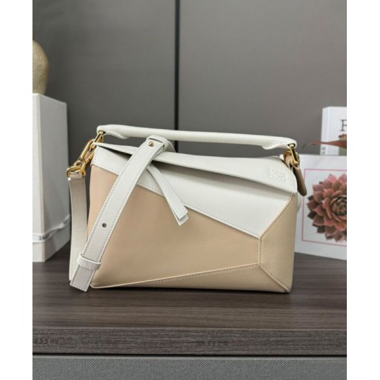 Special Grade Replica Loewe Puzzle Edge Classic Small Two-Tone Bag, White/Beige Clone Sale