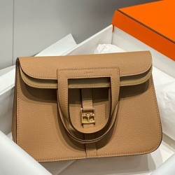 Special Grade Replica Hermes Halzan 25 dark camel clemence bag Clone Sale