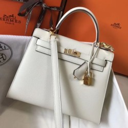 Special Grade Replica Hermes Kelly 25cm Sellier White Epsom Bag Clone Sale