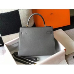 Special Grade Replica Hermes Kelly 28cm/32cm Slate Grey Bag Epsom gold hardware Clone Sale